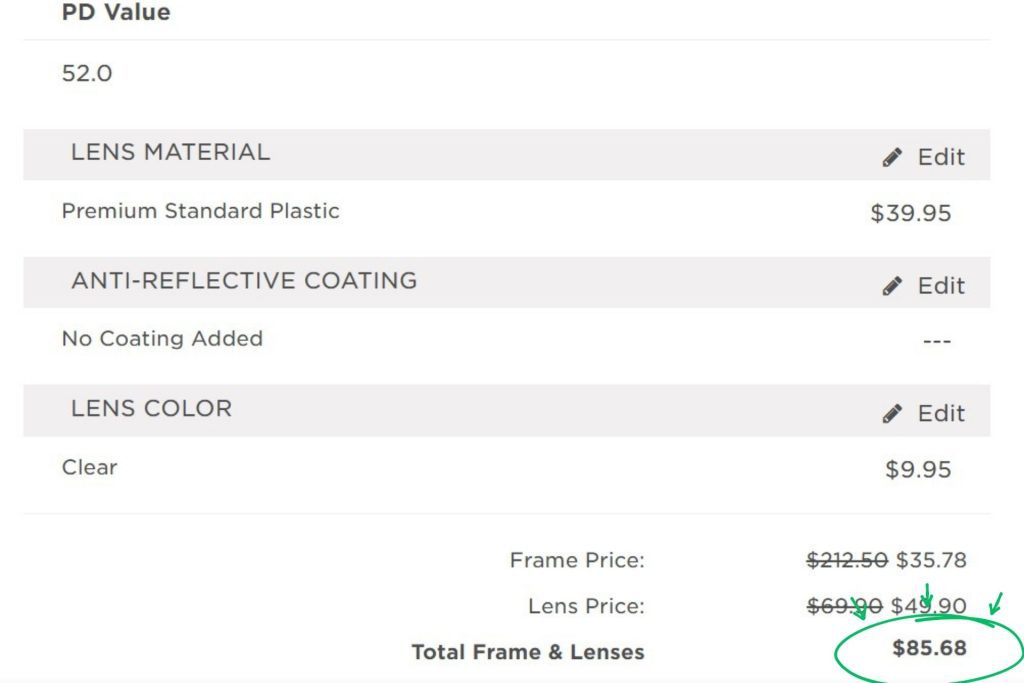 Price of Hugo Boss glasses on EZContacts