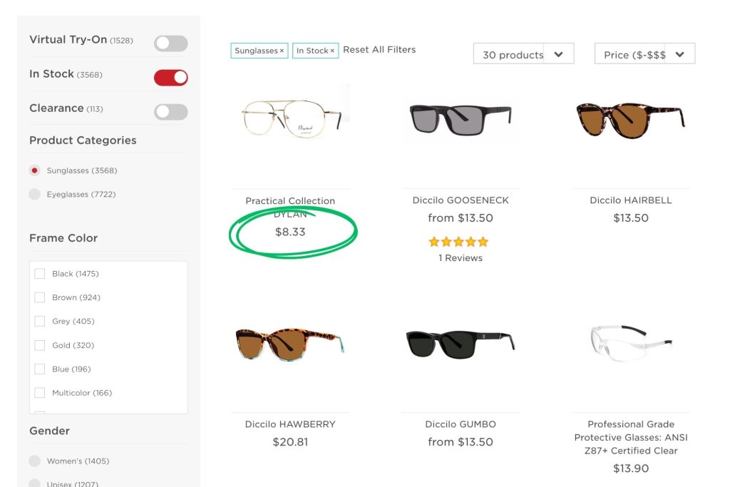 Sunglasses page on EZContacts