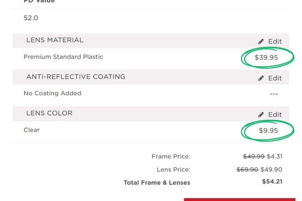 Price of Peachtree glasses on EZContacts