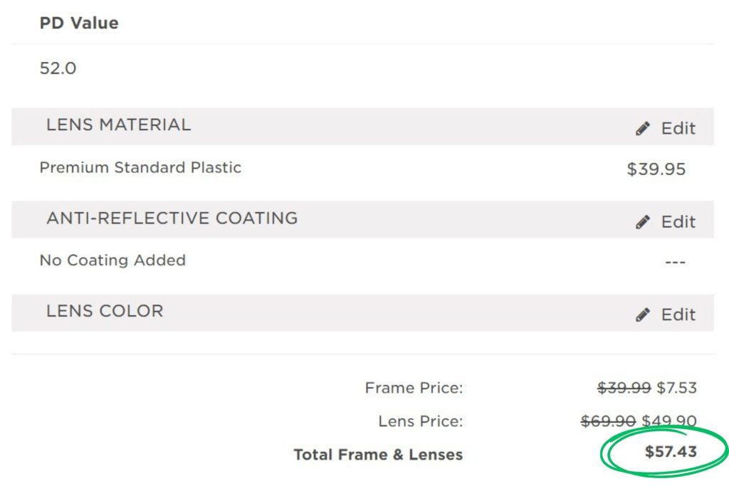 Price of Wiliwili glasses on EZContacts