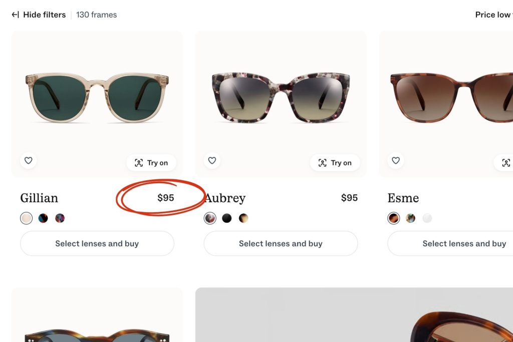 Warby Parker sunglasses page