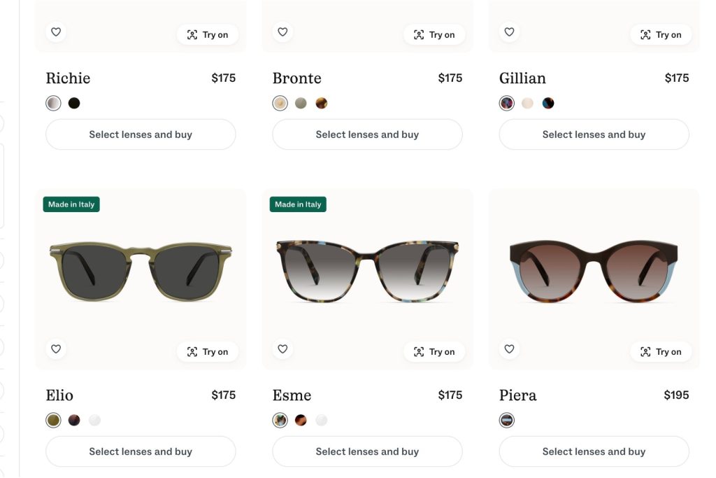 Warby Parker sunglasses page