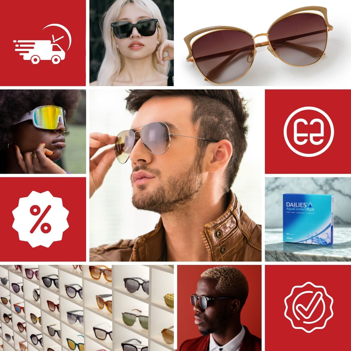 Collage featuring sunglasses, contact lenses, and EZContacts icons