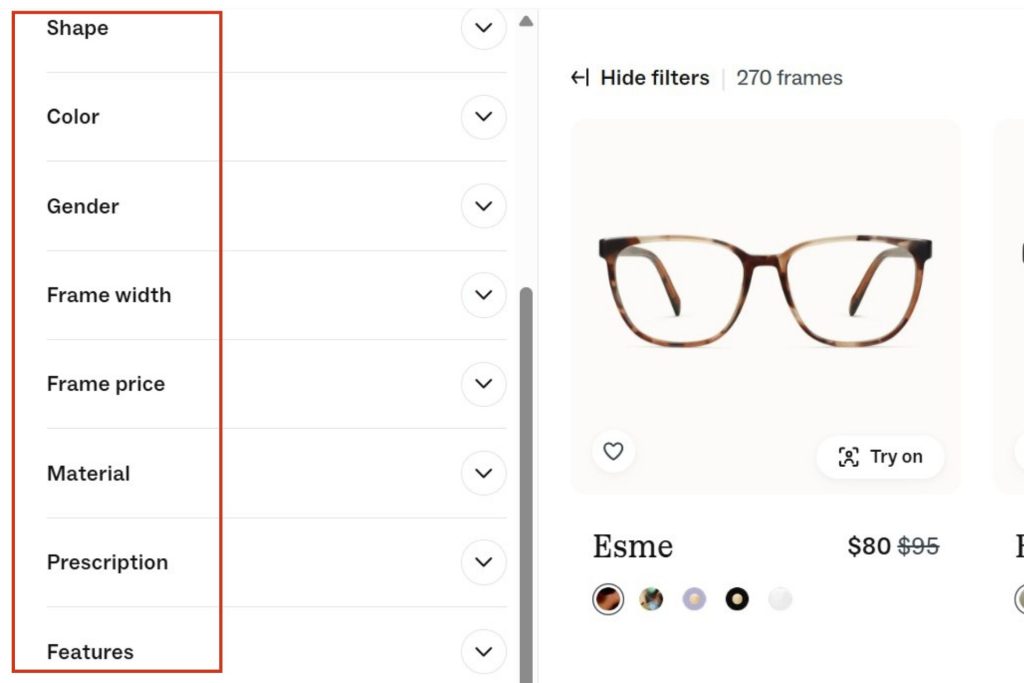 Glasses filters on Warby Parker