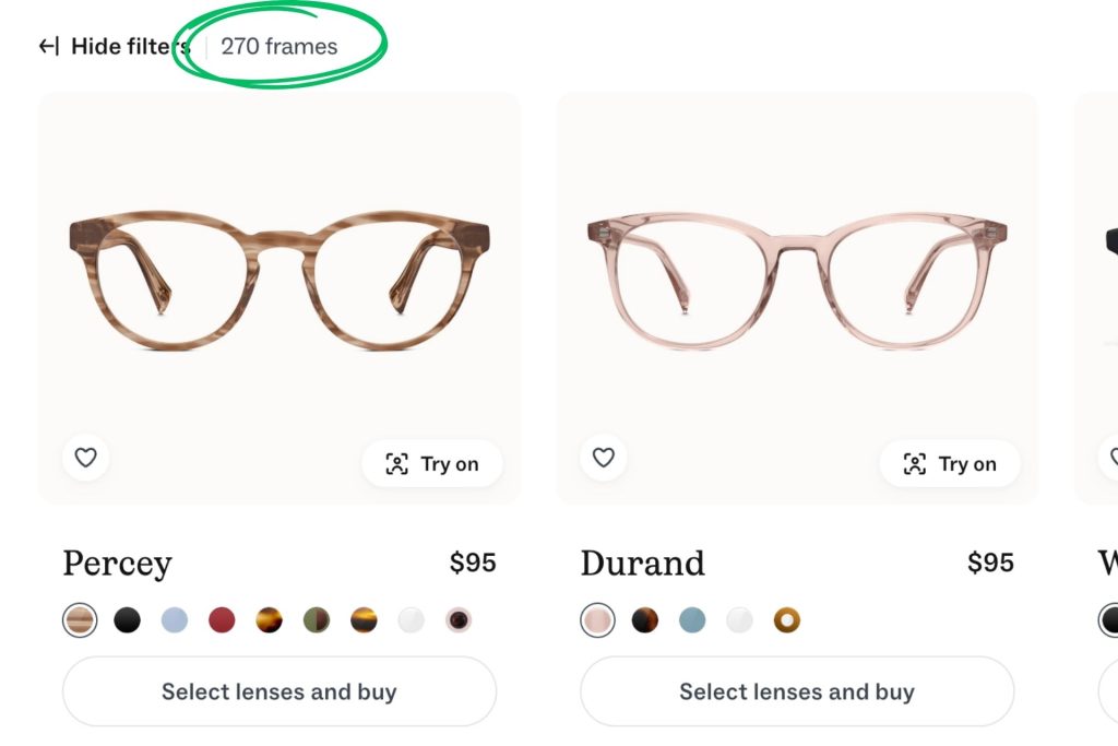 Number of glasses at Warby Parker