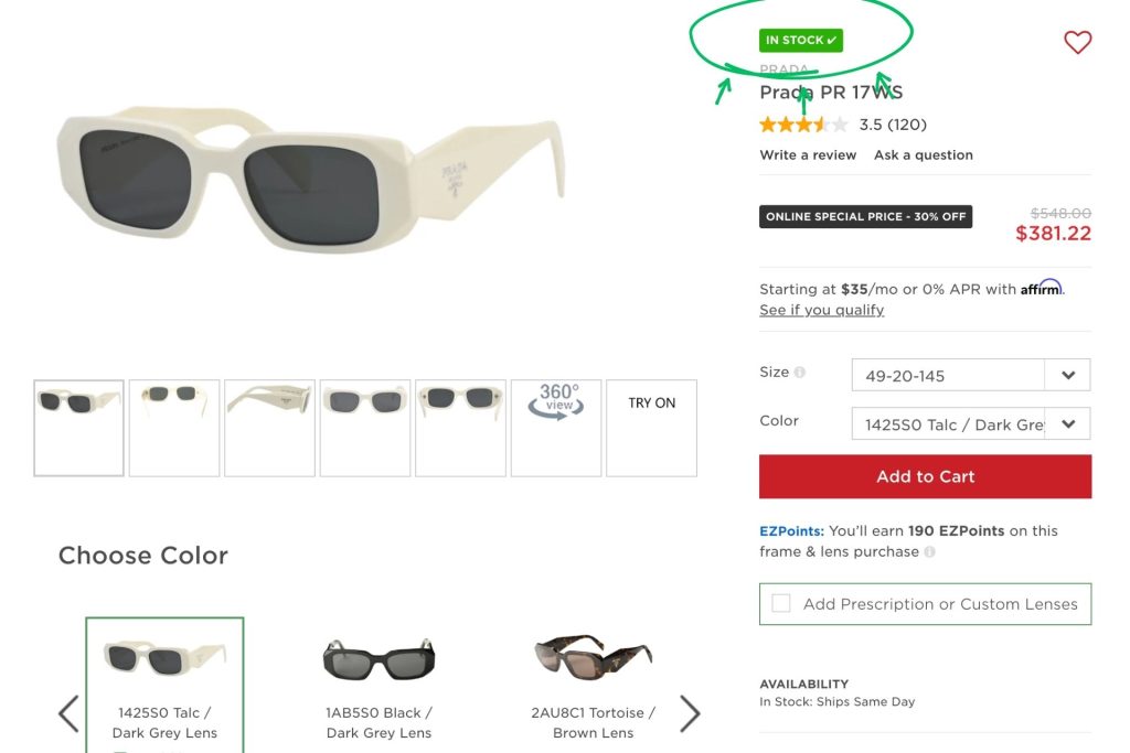 In-stock button on Prada PR 17WS sunglasses on EZContacts