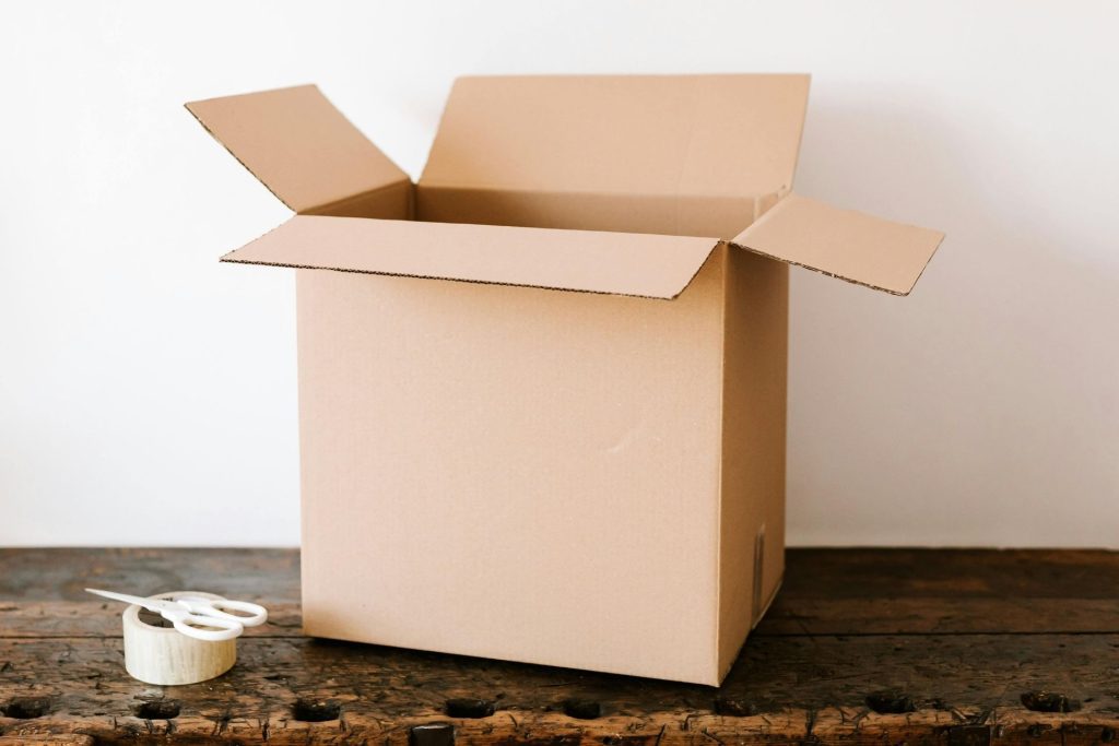 Open cardboard box on a table