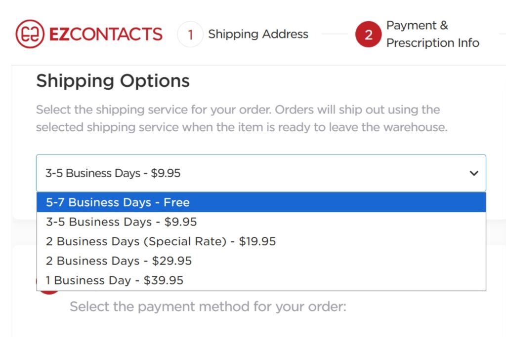 Shipping options at EZContacts