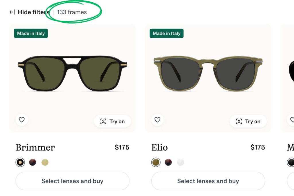 Warby Parker sunglasses page
