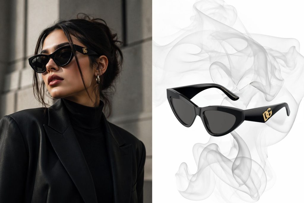 (Left) Woman in black coat wearing triangle sunglasses (Right) Dolce & Gabbana DG4439 black sunglasses