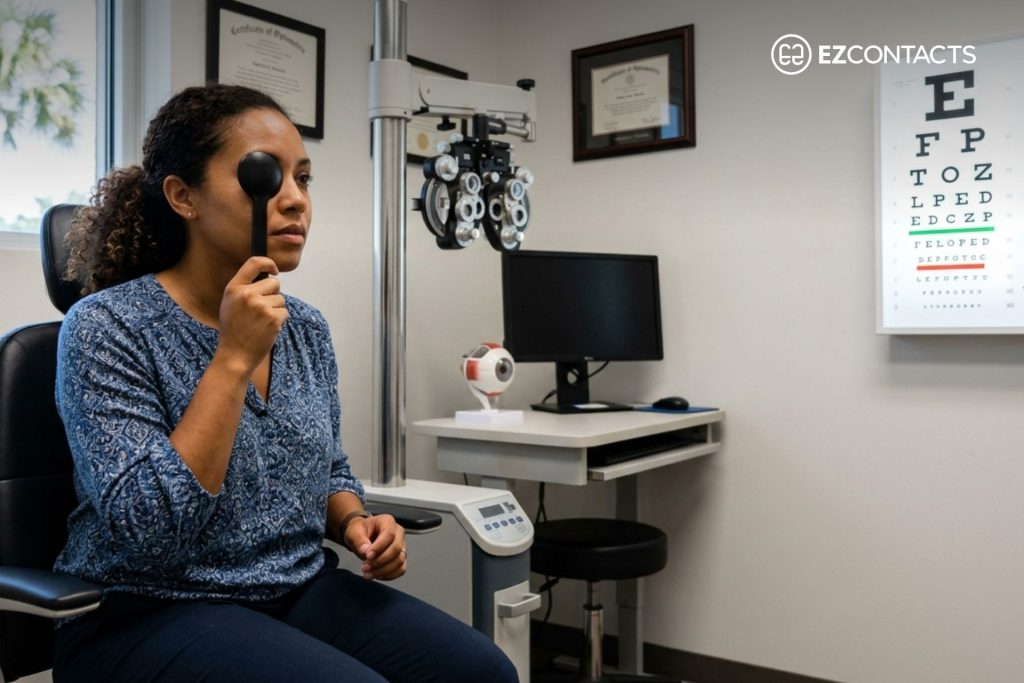 Woman getting an eye exam