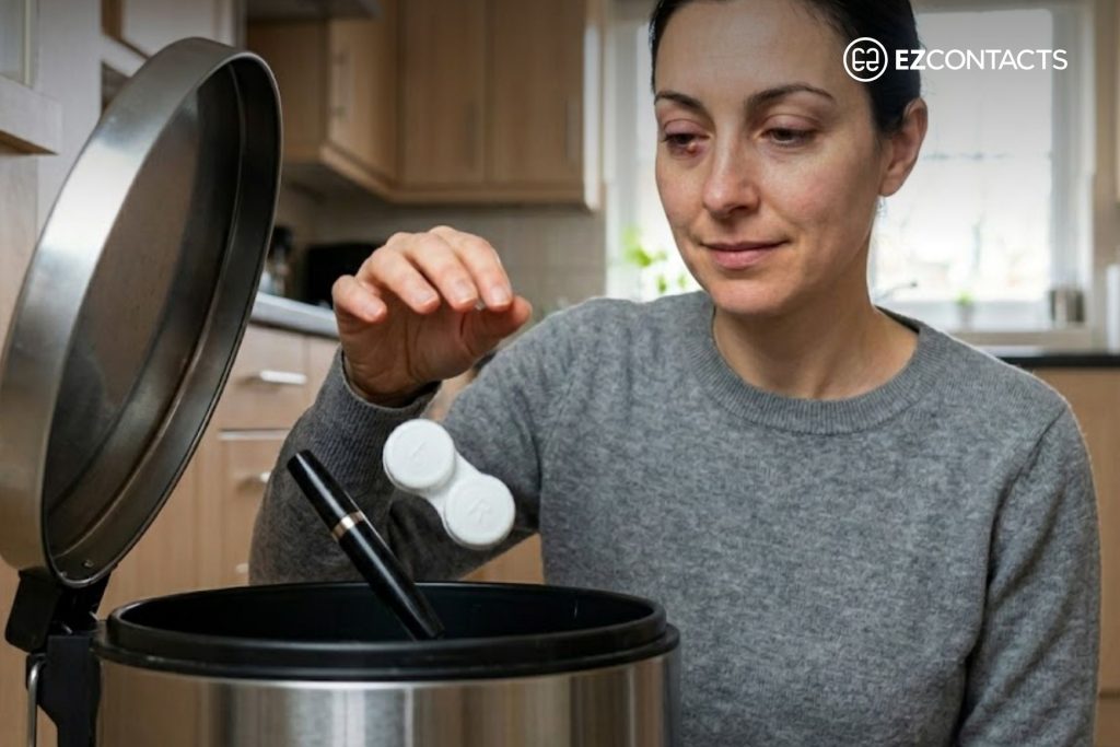 Woman throwing away her mascara and her contacts in the case