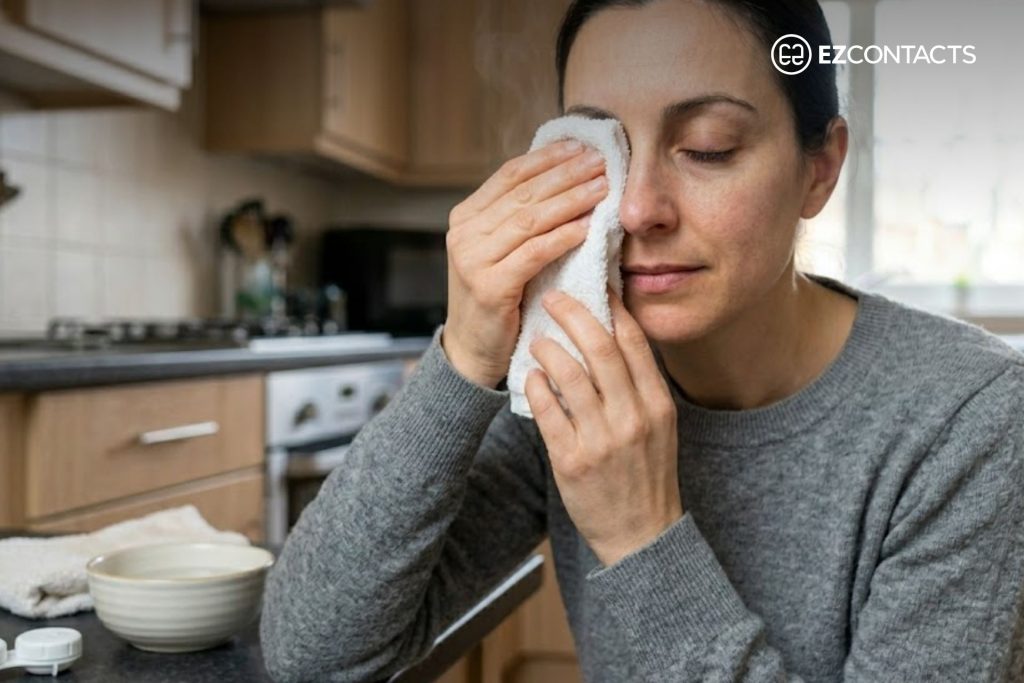 Woman using a washcloth as a warm compress