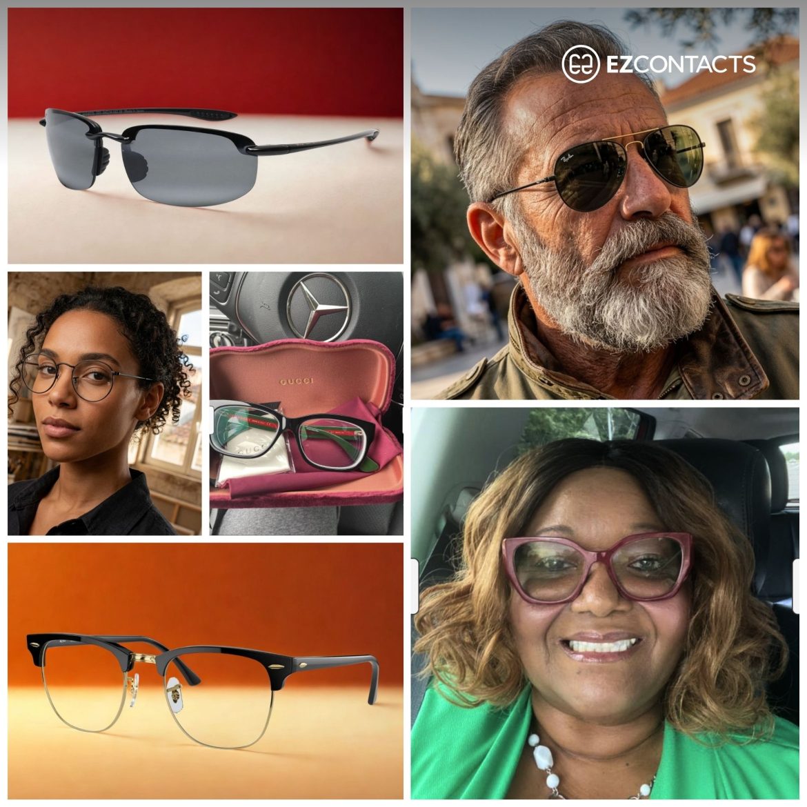 Collage of glasses, a man wearing glasses, and two women wearing sunglasses