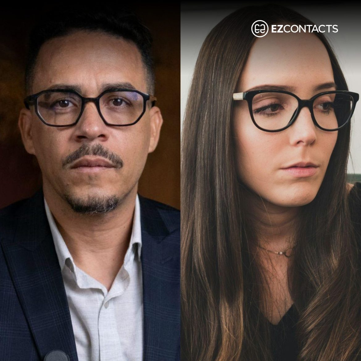 Woman and man with long faces wearing glasses