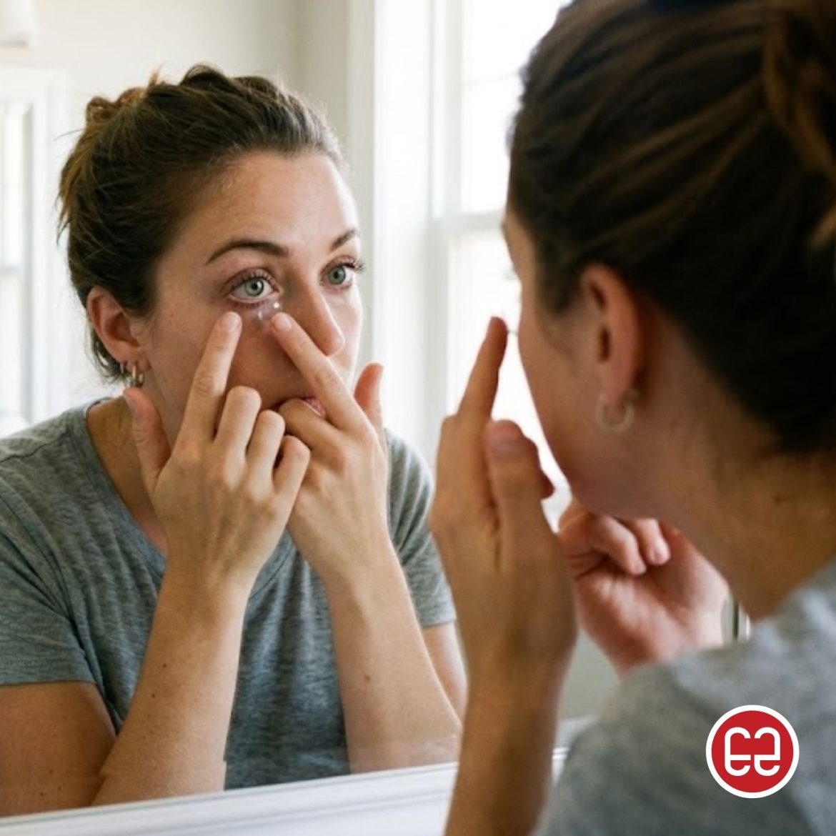 Woman putting in a contact lens