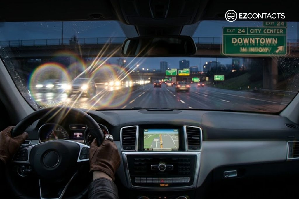 Person driving in low light conditions experiencing visual distortions