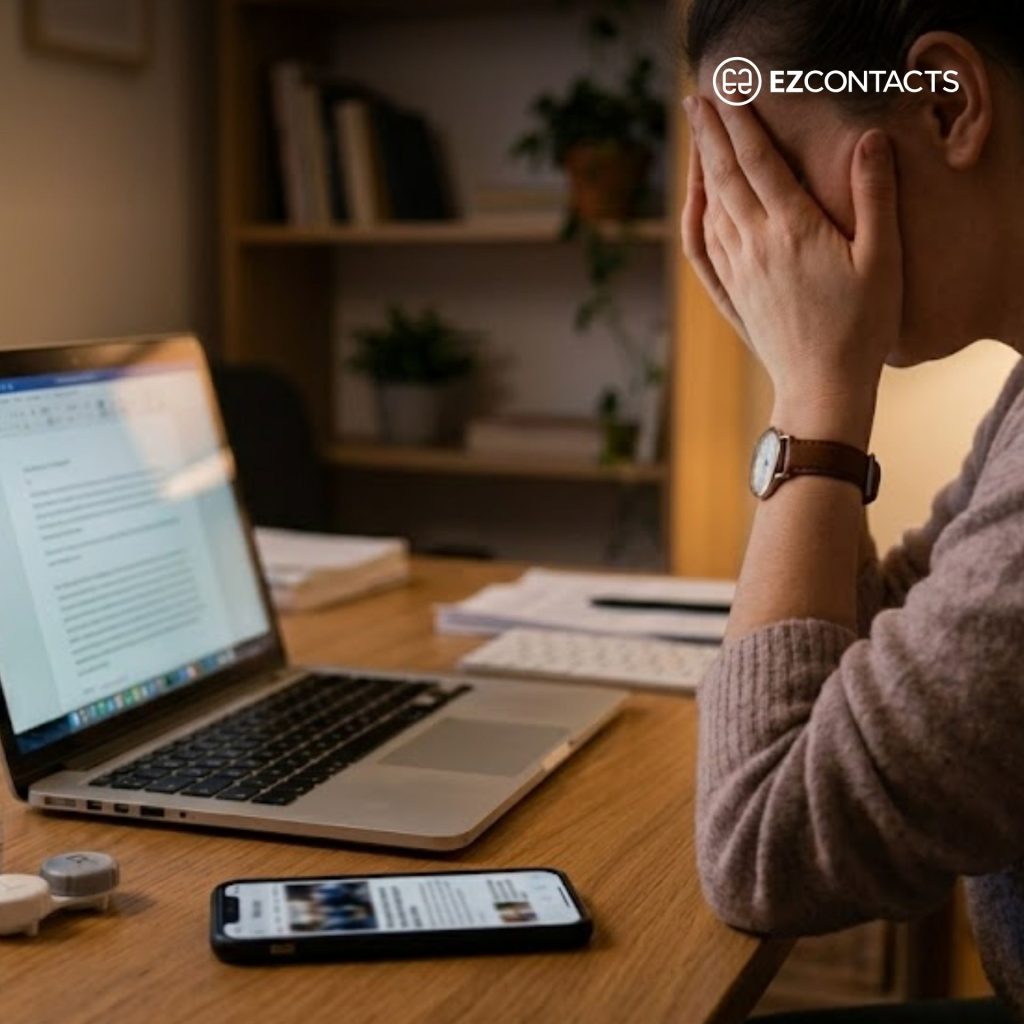 Woman sitting in front of laptop holding her head