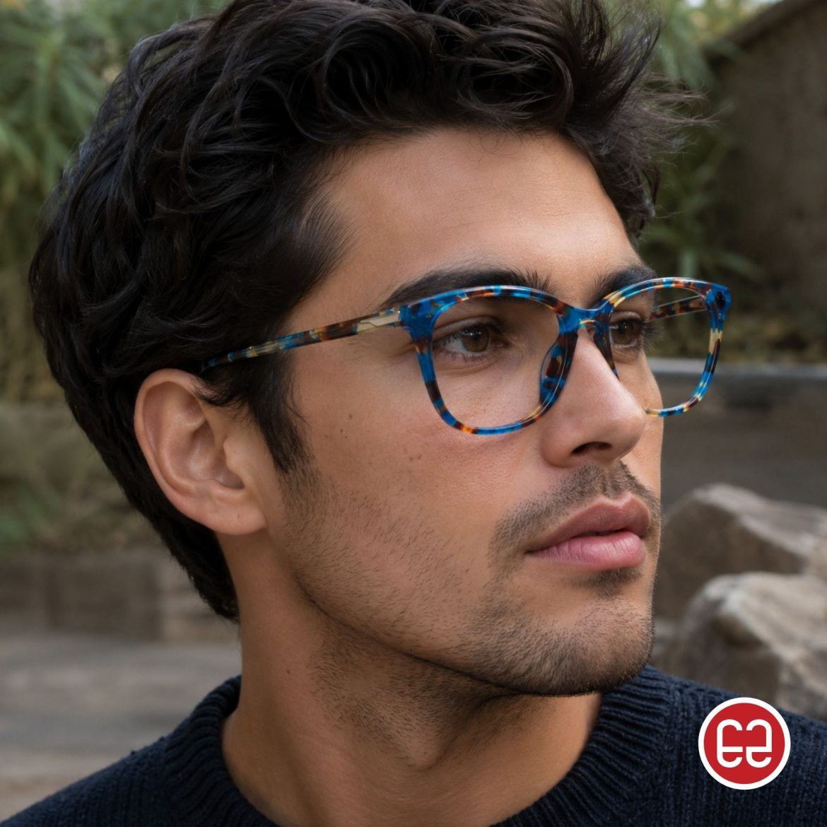 Man wearing blue Scott Harris glasses