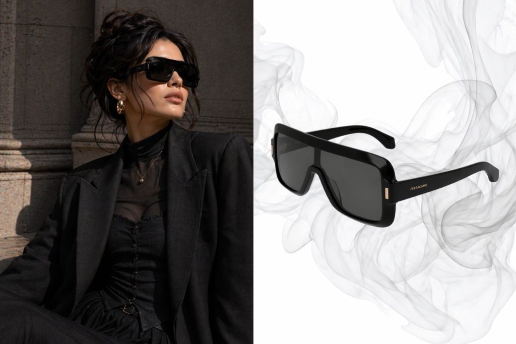 (Left) Woman in black wears shield sunglasses (Right) Salvatore Ferragamo SF2061SE sunglasses