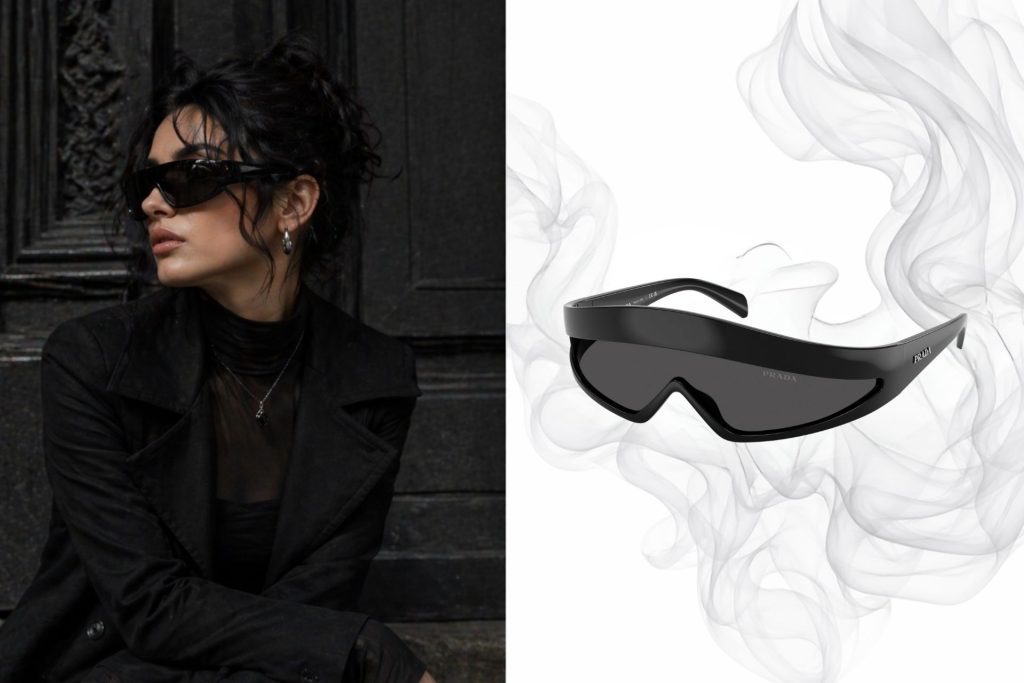 (Left) Woman in black wears wrapround sunglasses (Right) Prada PR B20S black wraparound sunglasses
