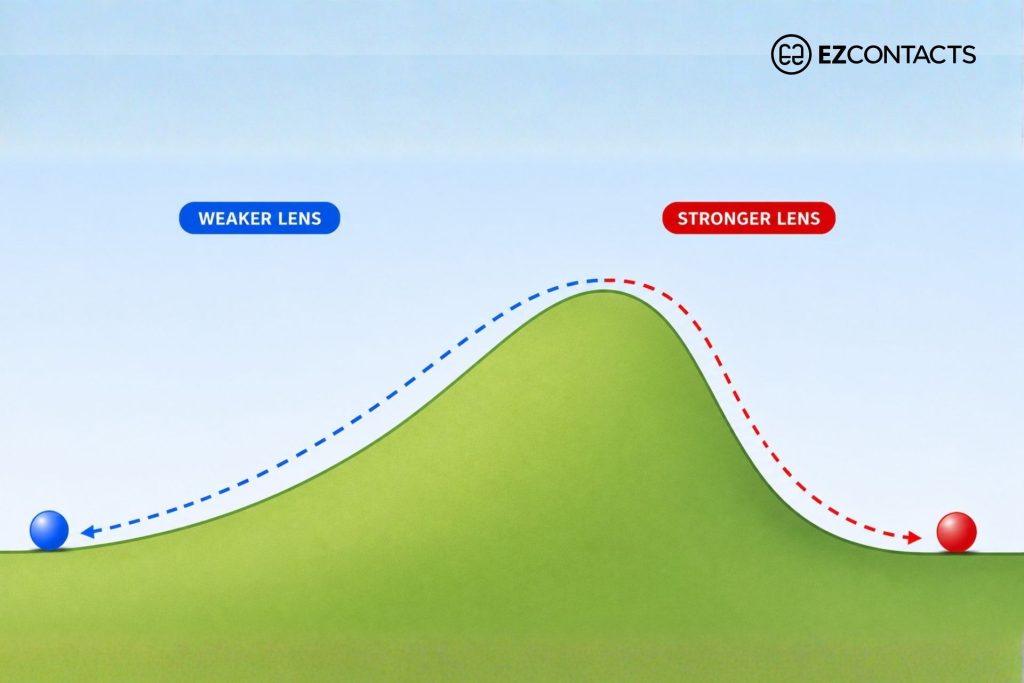 Analogy showing how stronger lenses focus light faster