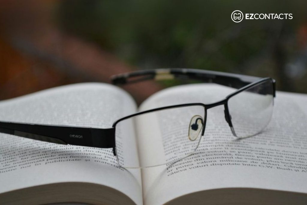 Pair of reading glasses on a book
