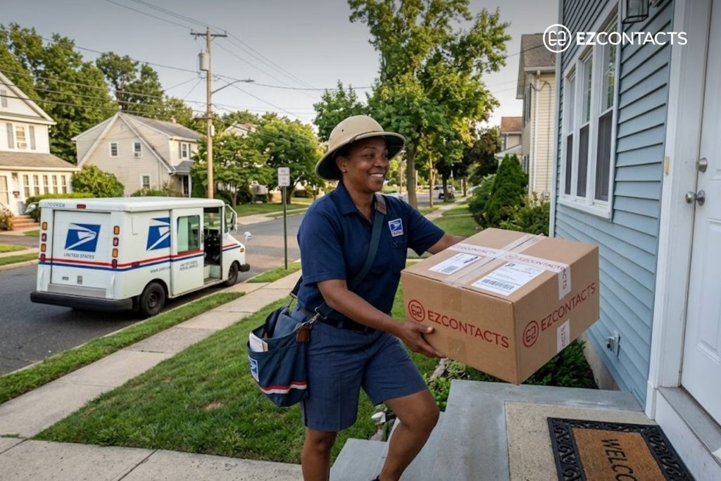 USPS worker delivering a package from EZContacts
