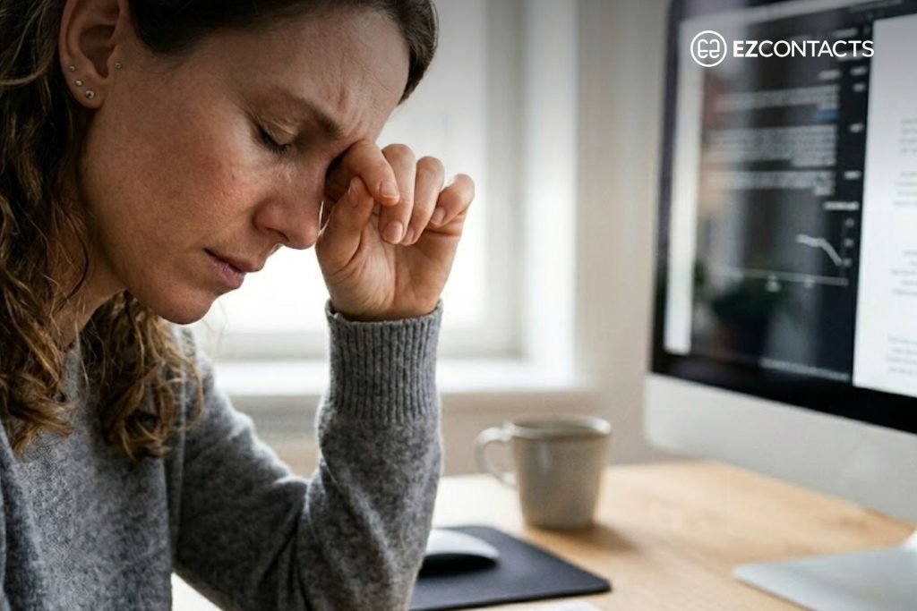 Woman rubbing her eyes as she looks at a computer screen