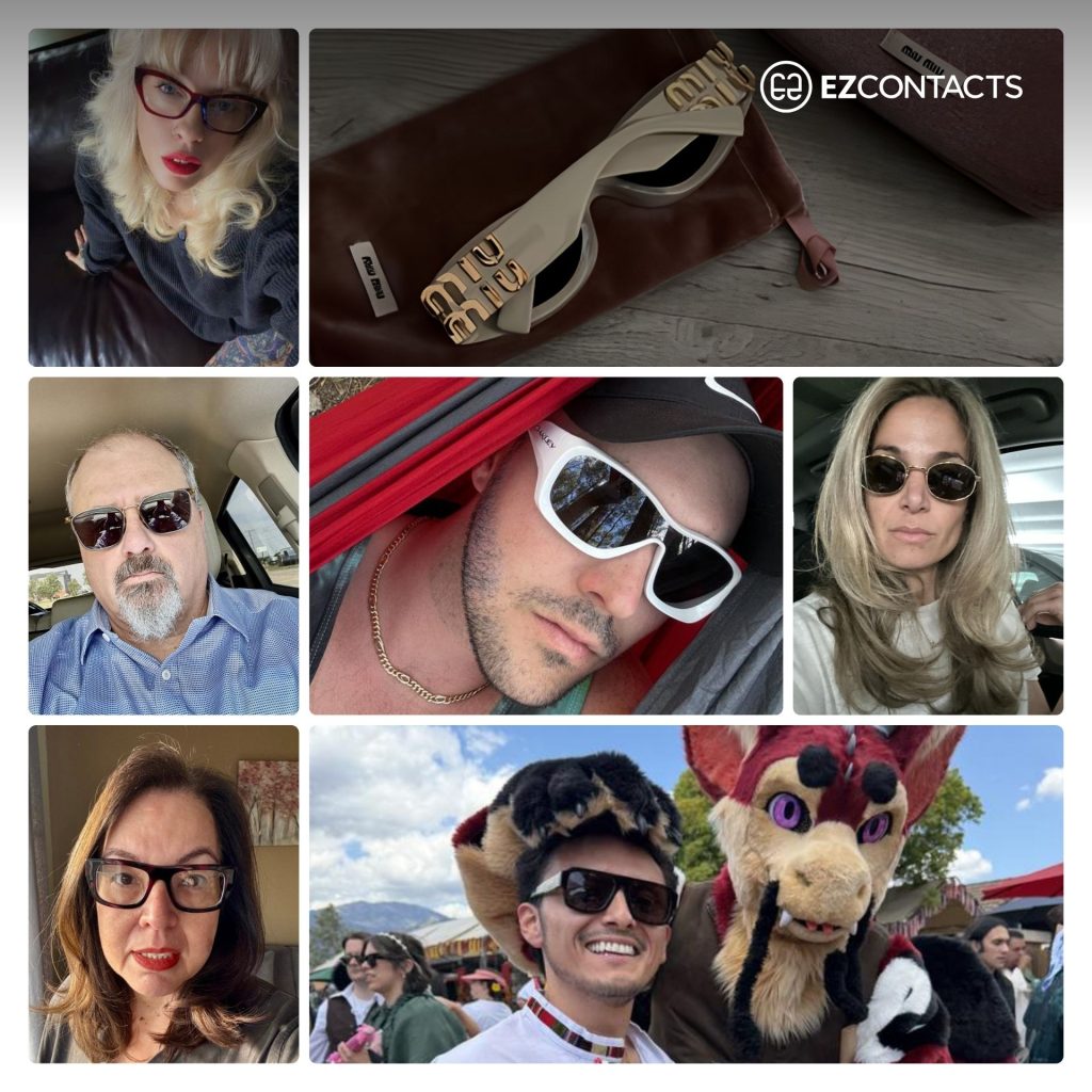 Collage of EZContacts customers wearing glasses and sunglasses