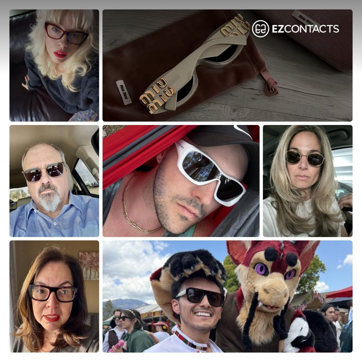 Collage of EZContacts customers wearing glasses and sunglasses