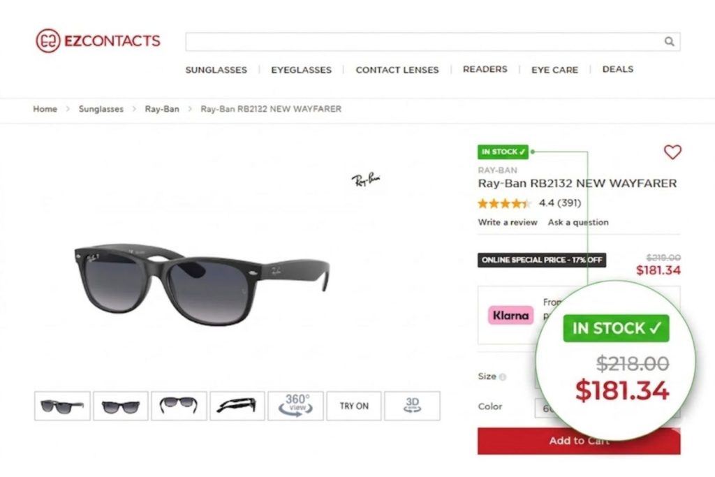 In-stock button on EZContacts Ray-Ban New Wayfarer page