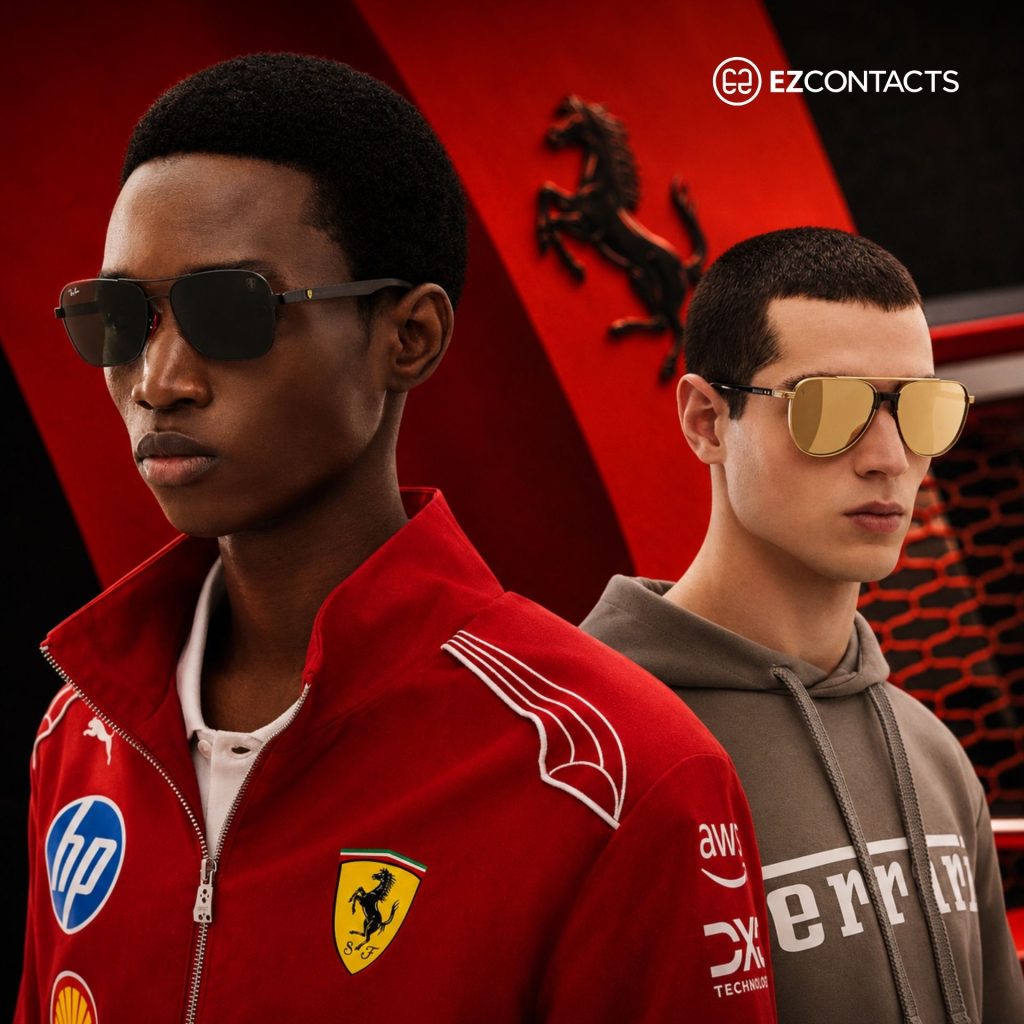 Two men wearing Ferrari sunglasses