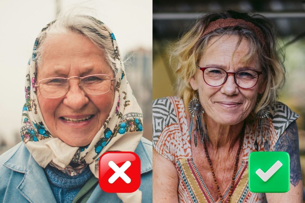 (Left) Woman wearing rimless glasses and blue head scarf (Right) Woman wearing brown glasses