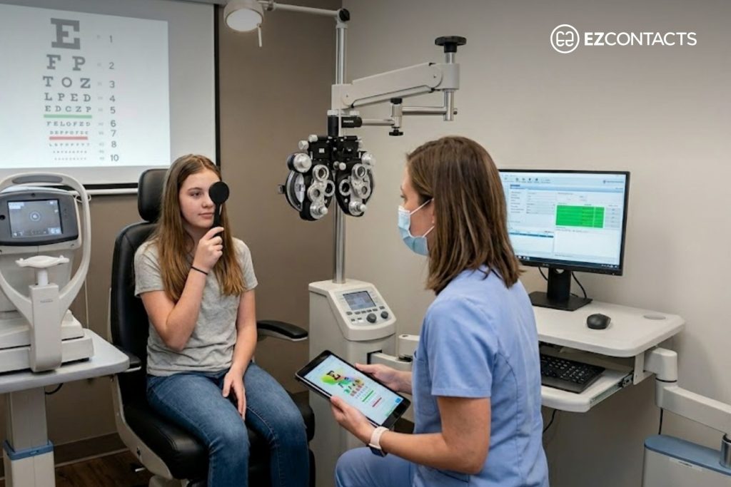 Teenage girl getting an eye exam