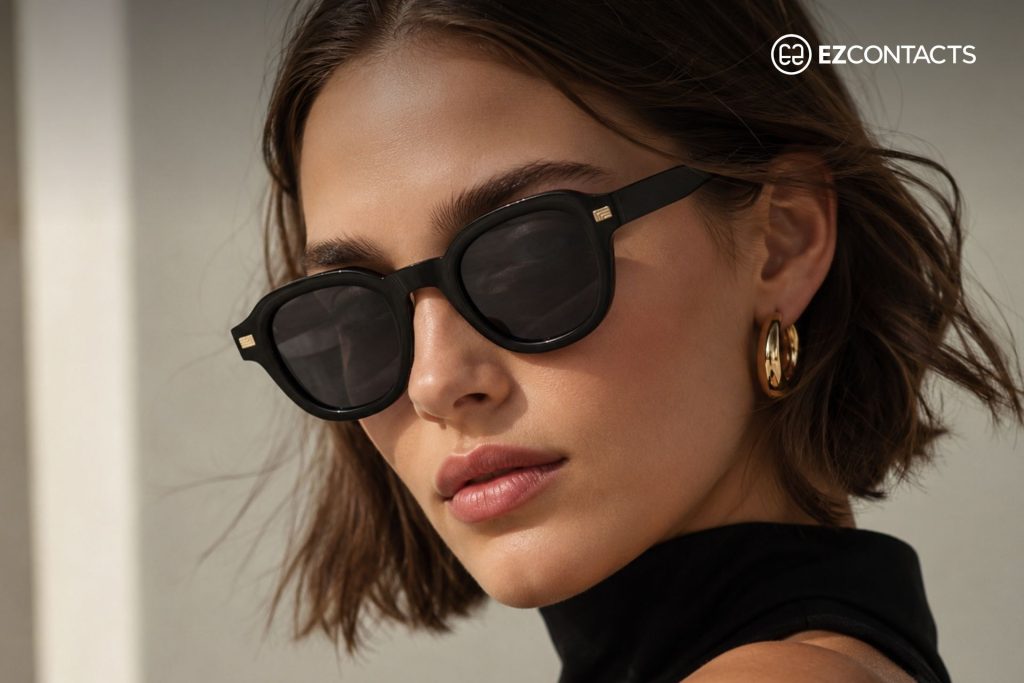 Woman wearing the Napoli horn-rimmed sunglasses
