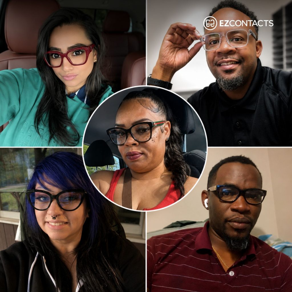 Collage of EZContacts customers wearing large glasses