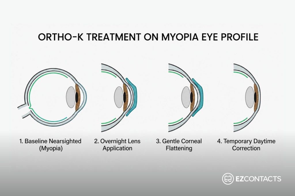 Diagram to represent the basic process of ortho-k treatment for myopia