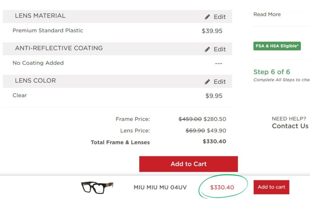 Cost of Miu Miu MU 04UV glasses at EZContacts
