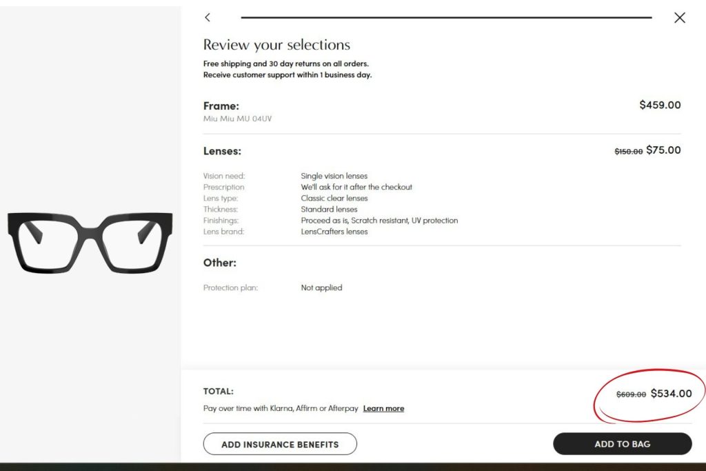 Cost of Miu Miu MU 04UV glasses at LensCrafters
