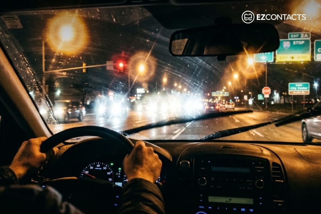 Person driving experiencing glare and halos from lights