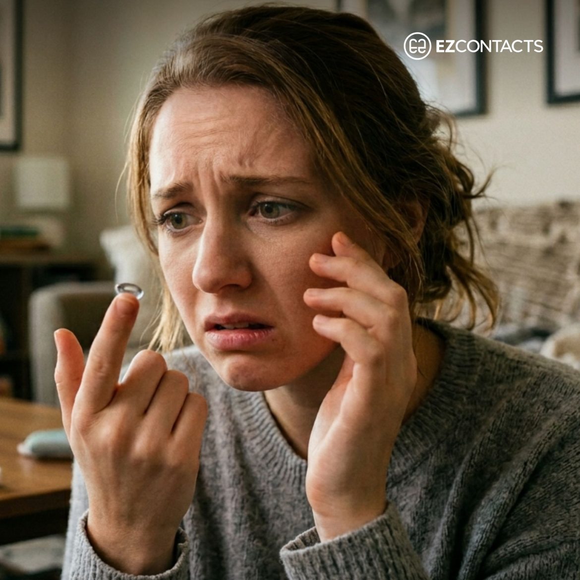 Woman holding a contact lens