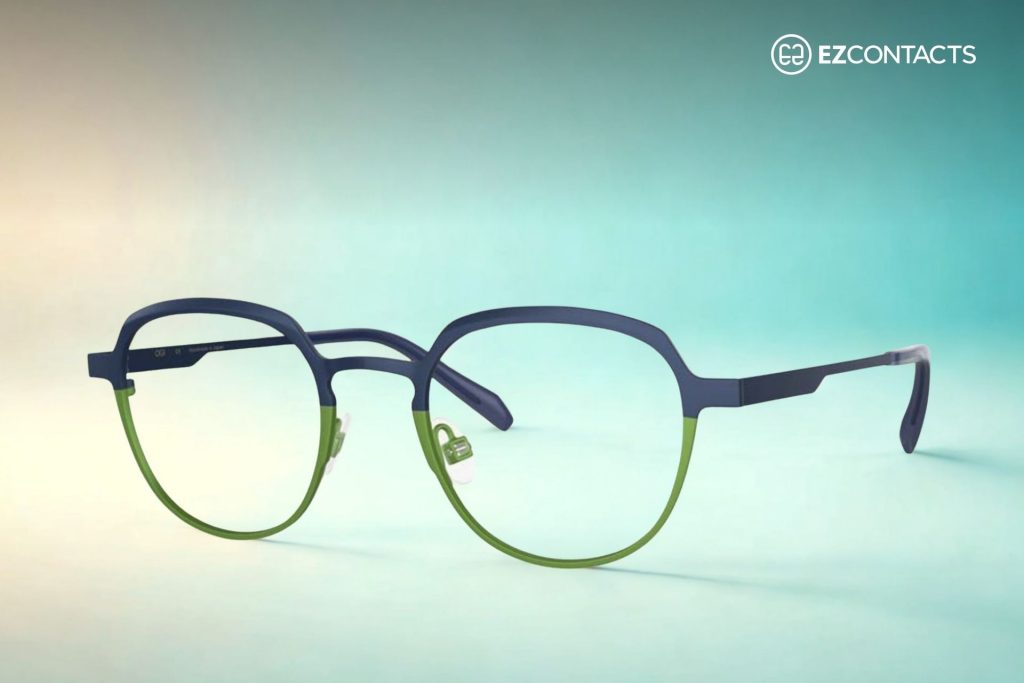 Duh round eyeglasses with blue and green frames
