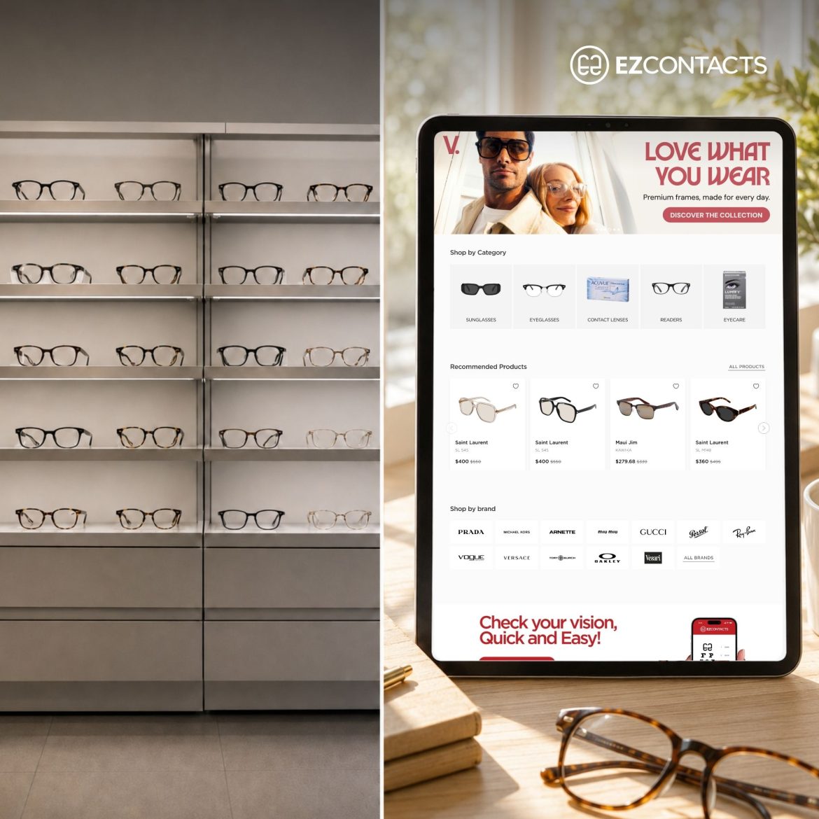 (Left) Glasses on shelves at an optican store (Right) EZContacts display