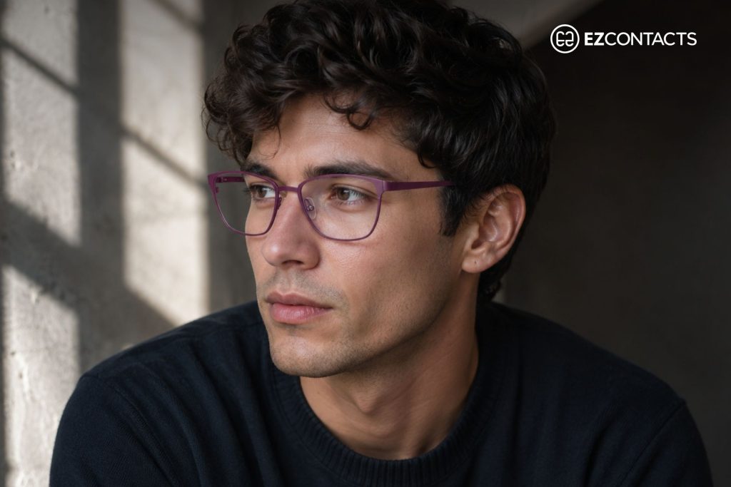 Man wearing thin titanium eyeglasses