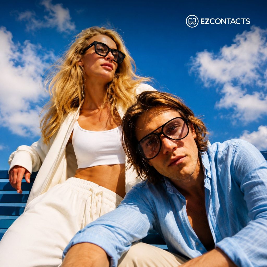 Man and woman wearing Vesari glasses