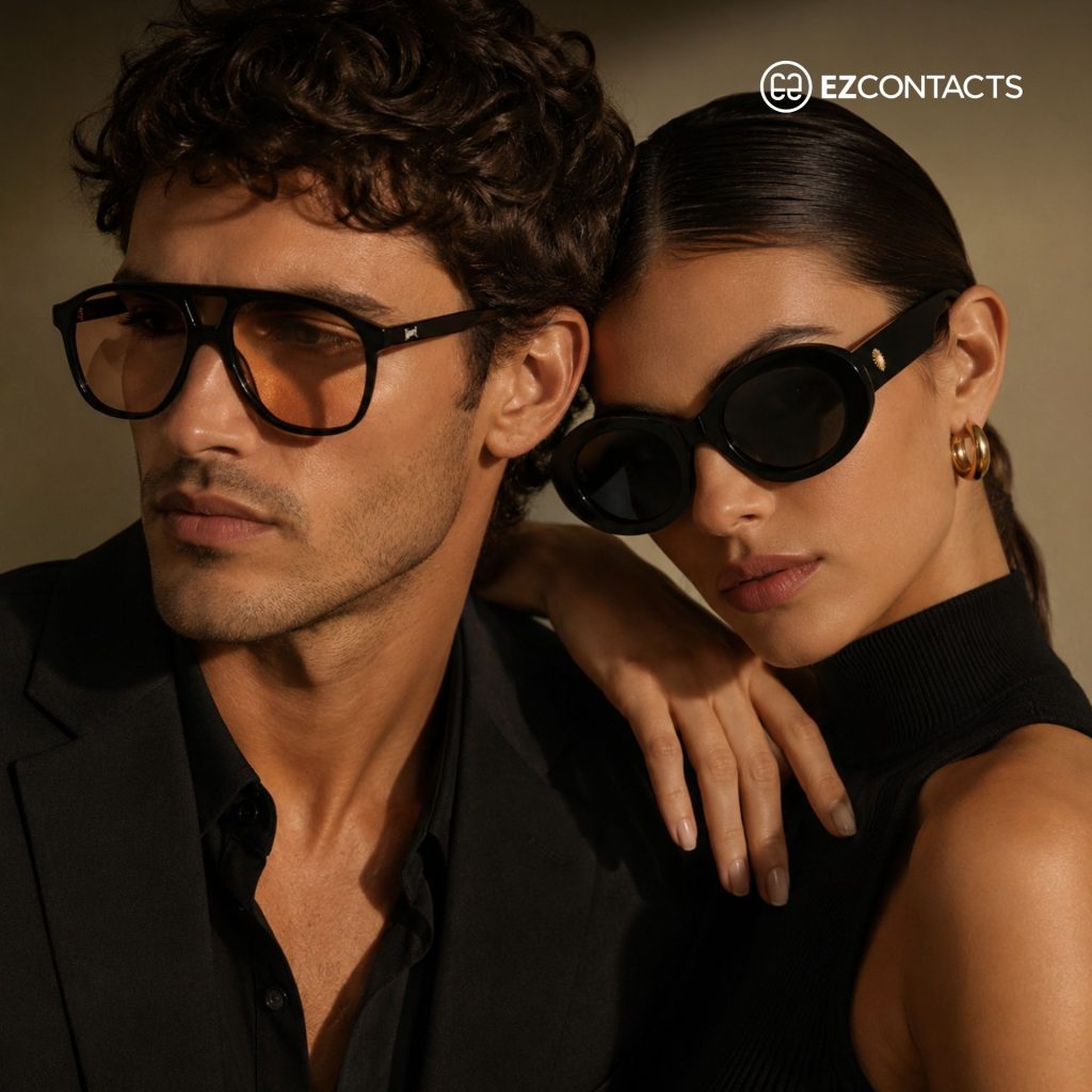 Man wearing aviator sunglasses and woman wearing oval sunglasses