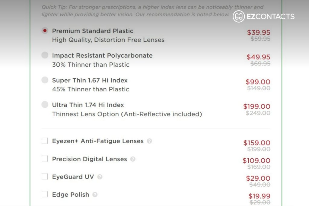 Lens options at EZContacts
