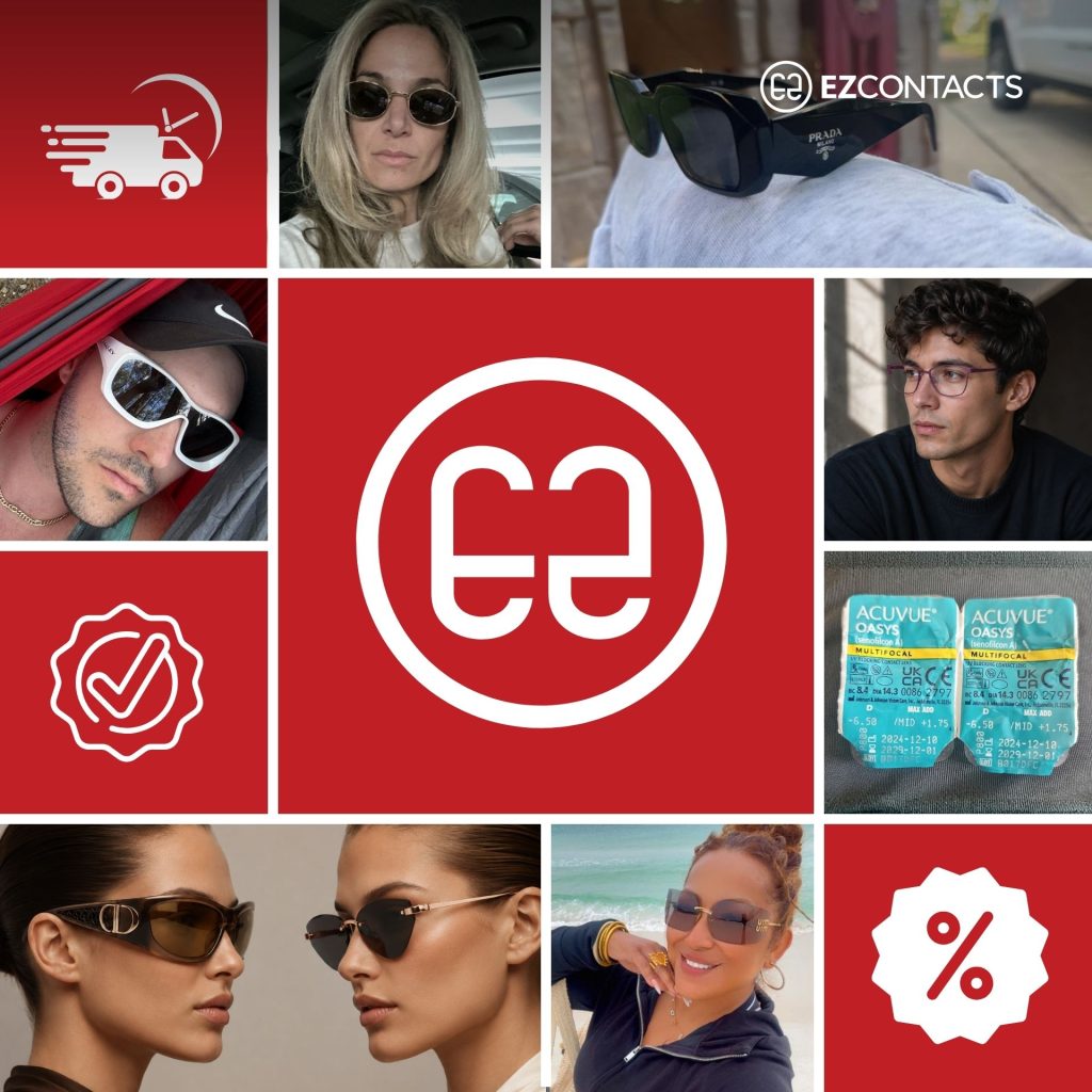 Collage of contacts, customers wearing sunglasses, and eyeglasses