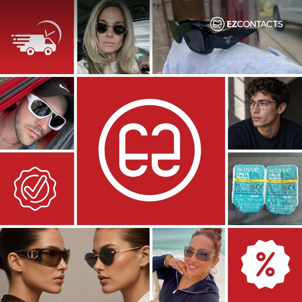 Collage of contacts, customers wearing sunglasses, and eyeglasses